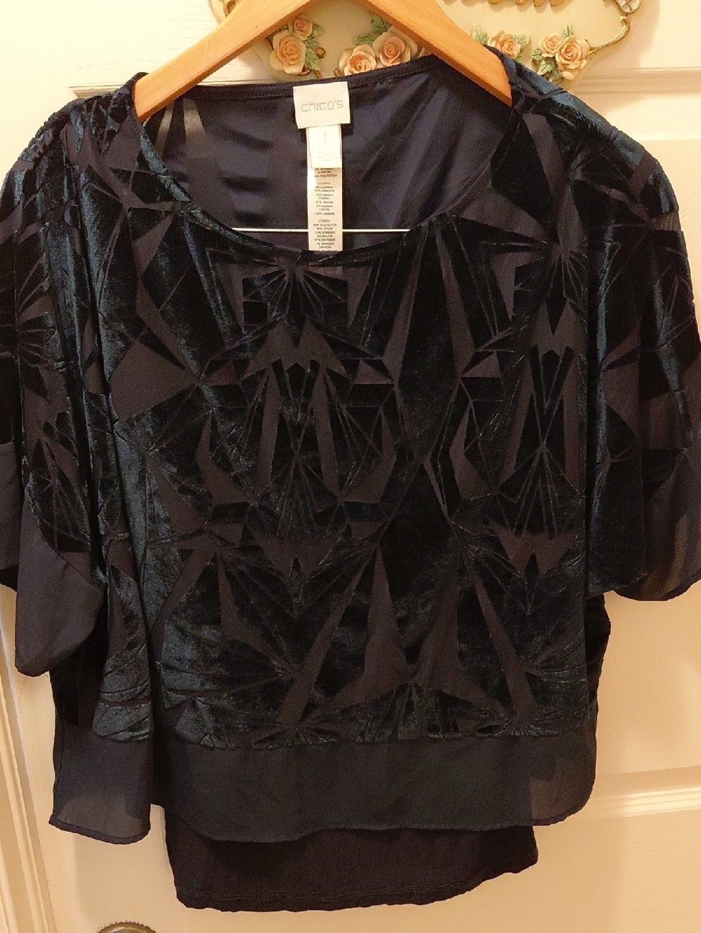 Chico's Navy Blue Geometric Velvet Overlay Blouse